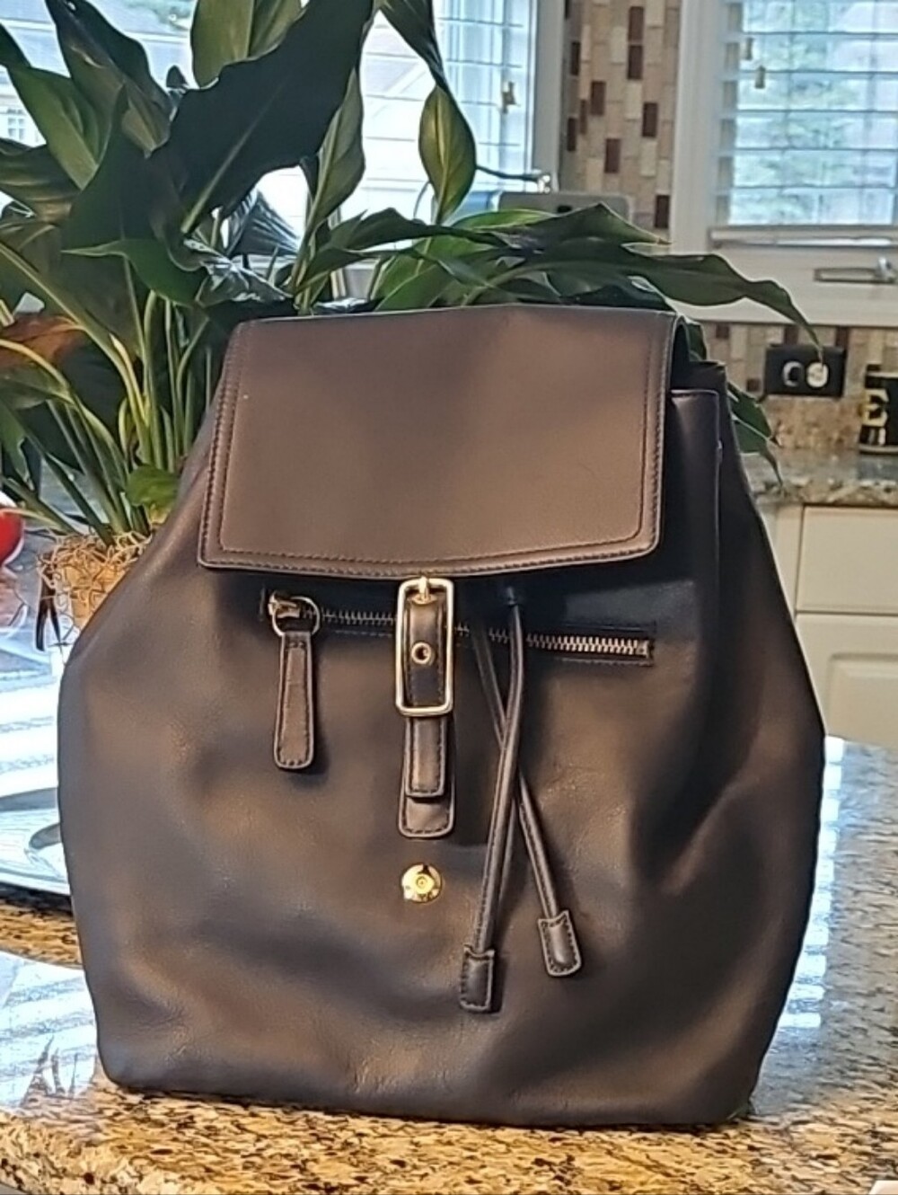 Coach Navy Leather Drawstring Backpack with Flap